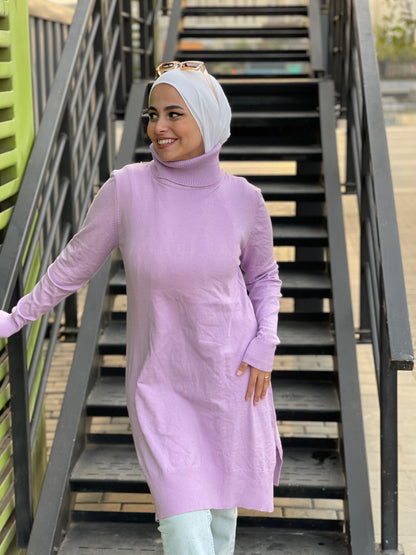 High-neck Longline Pullover in Lavender