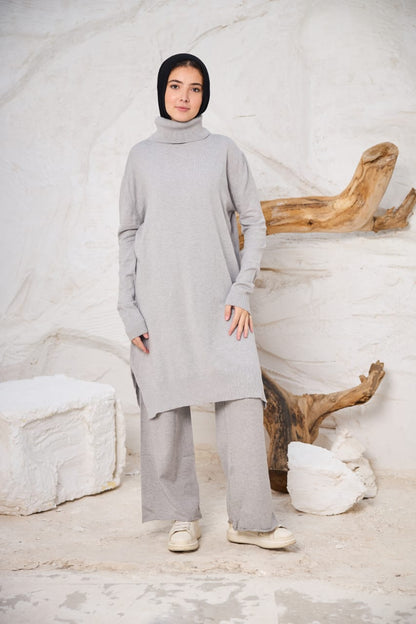 High-neck Longline Pullover in Gray