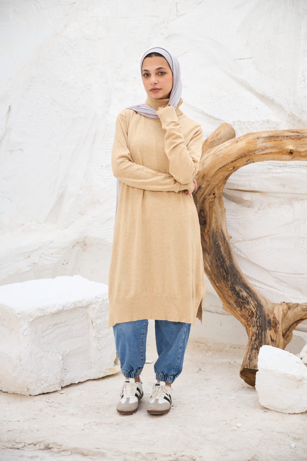 High-neck Longline Pullover in Beige