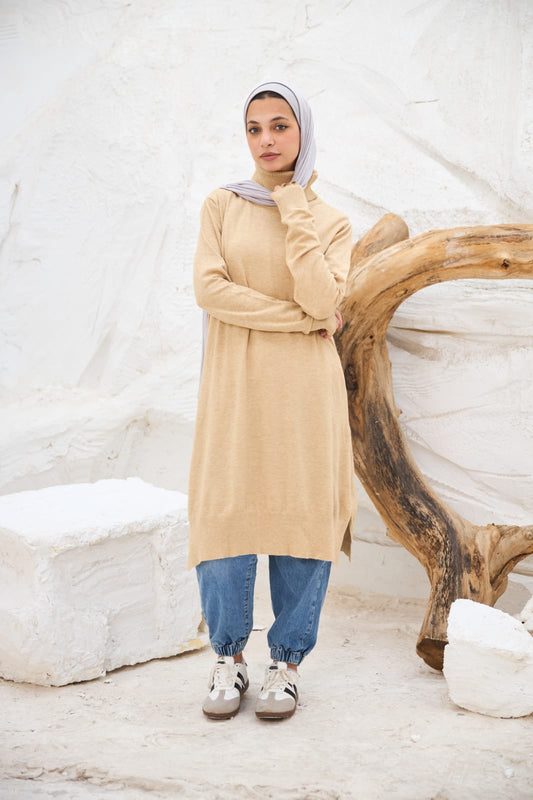 High-neck Longline Pullover in Beige