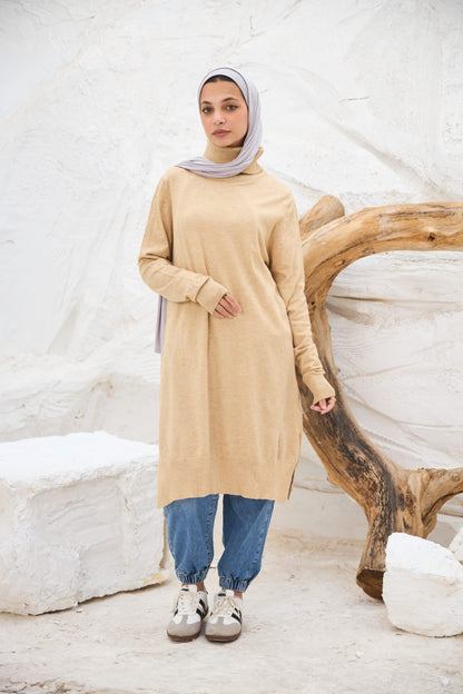 High-neck Longline Pullover in Beige