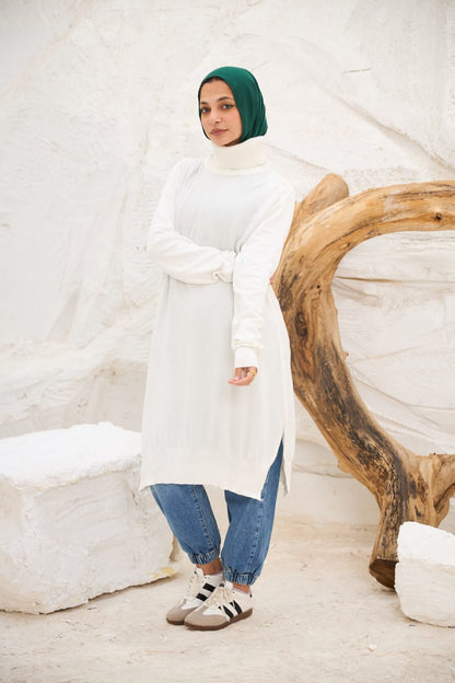 High-neck Longline Pullover in white