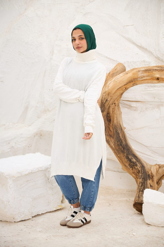 High-neck Longline Pullover in white