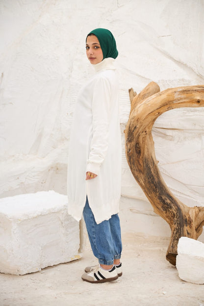 High-neck Longline Pullover in white