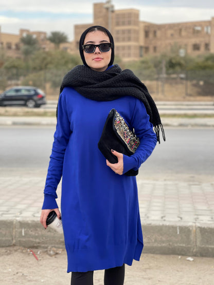 High-neck Longline Pullover in blue