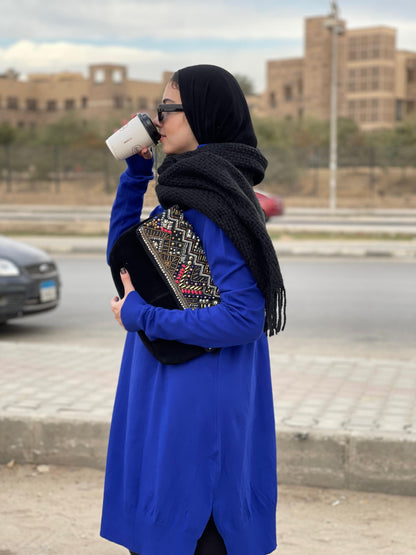 High-neck Longline Pullover in blue