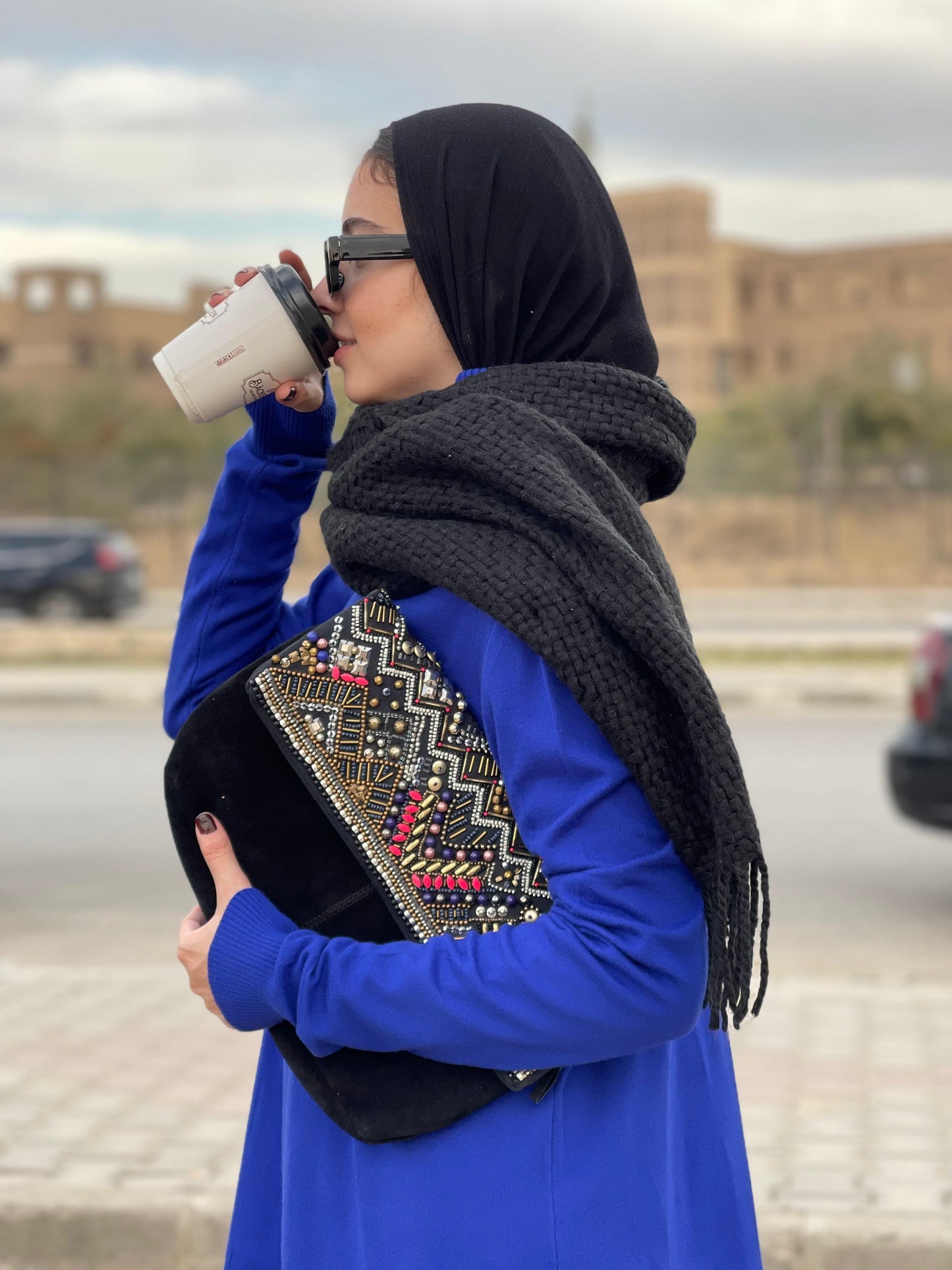 High-neck Longline Pullover in blue