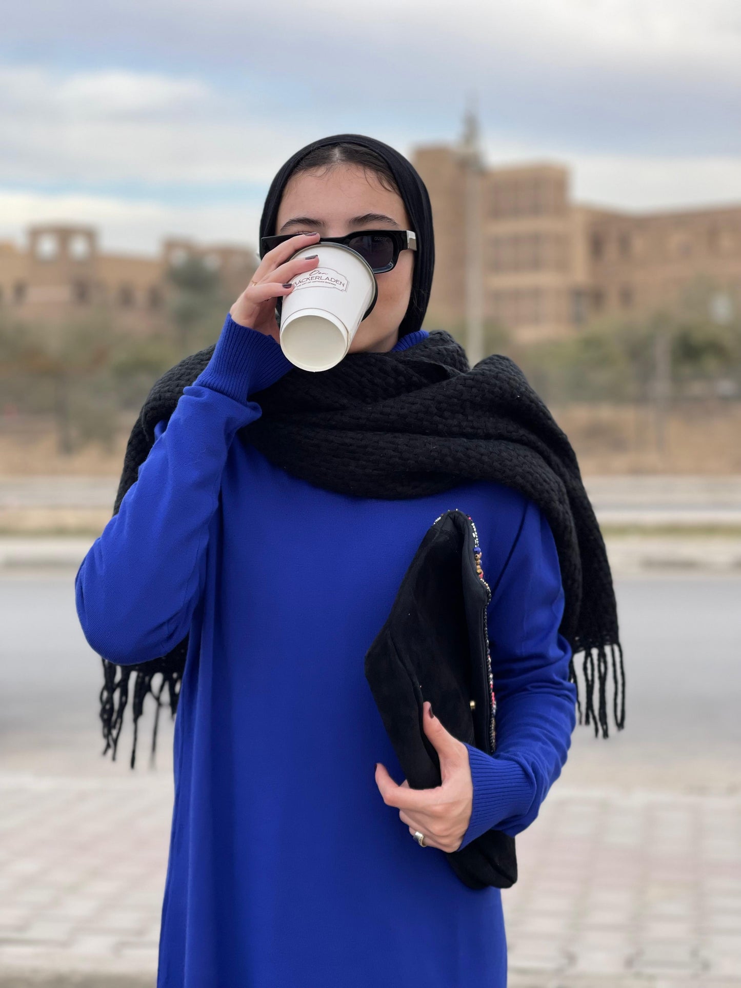 High-neck Longline Pullover in blue