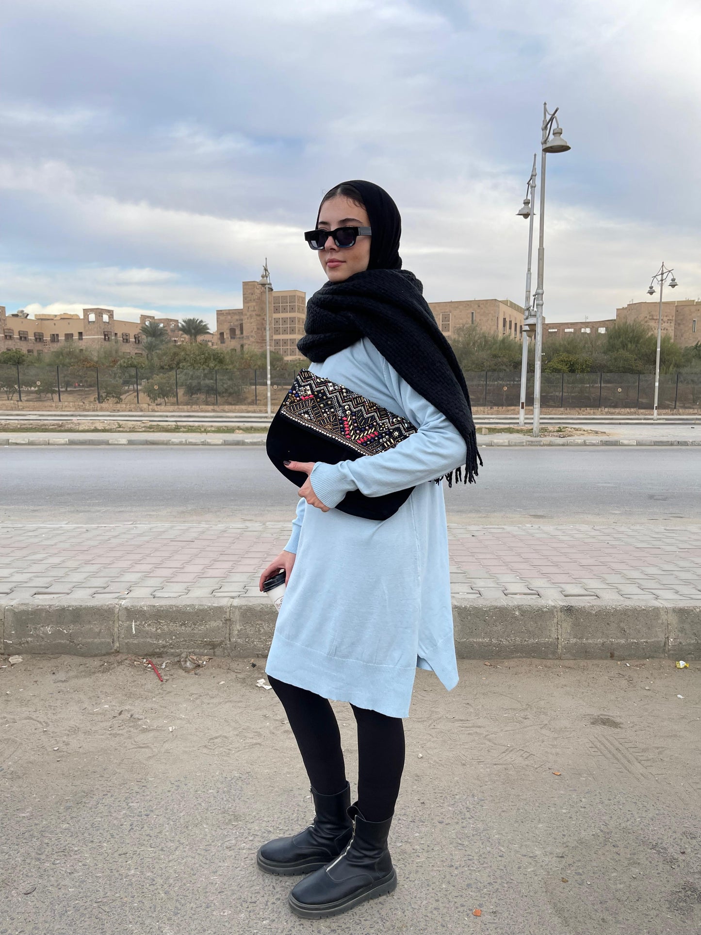 High-neck Longline Pullover in Baby Blue