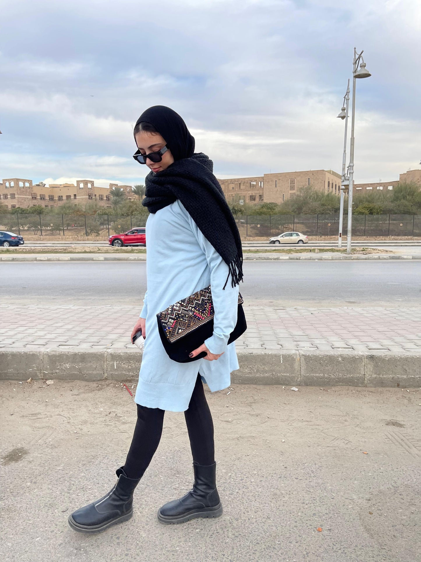 High-neck Longline Pullover in Baby Blue