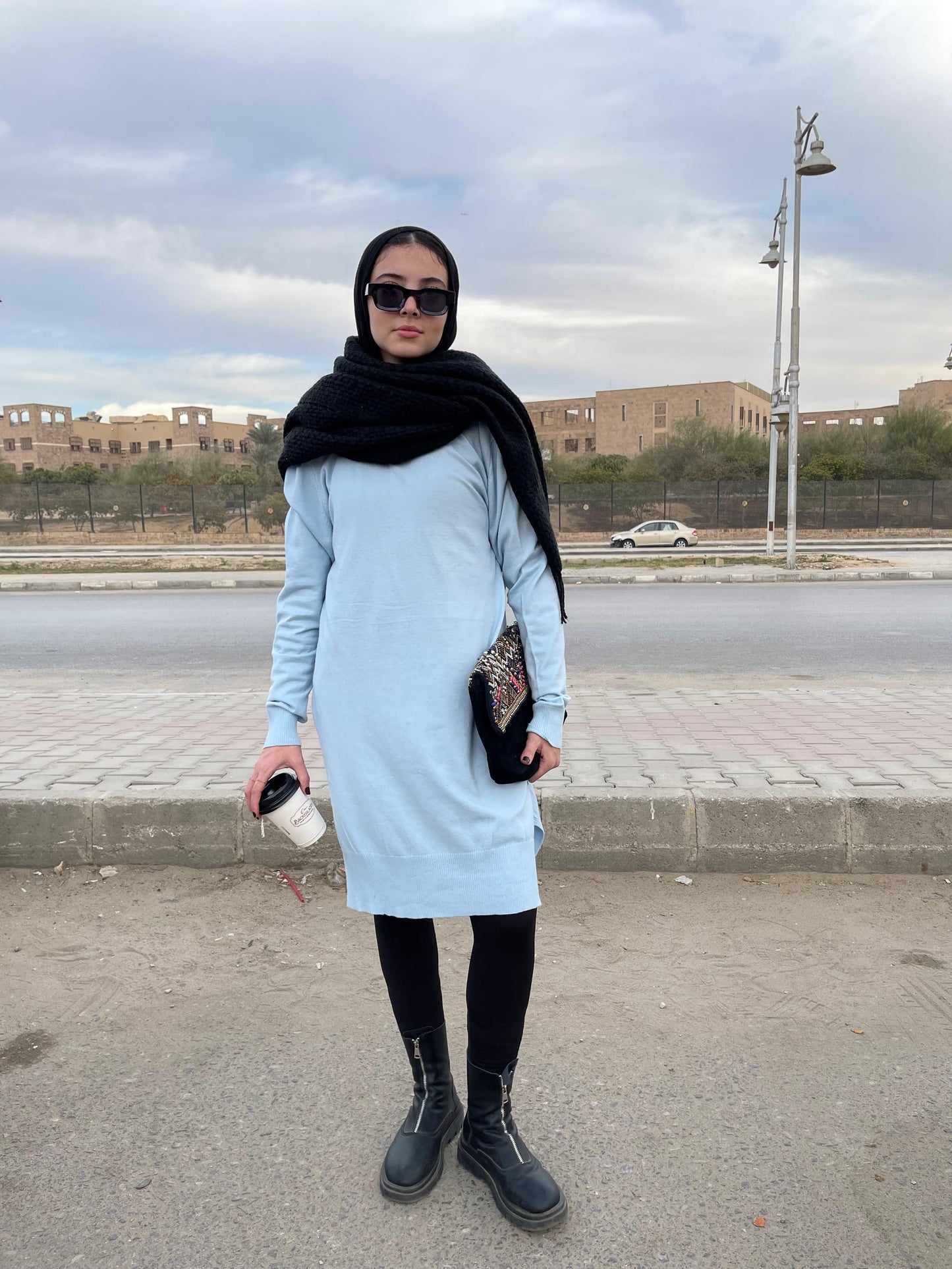 High-neck Longline Pullover in Baby Blue