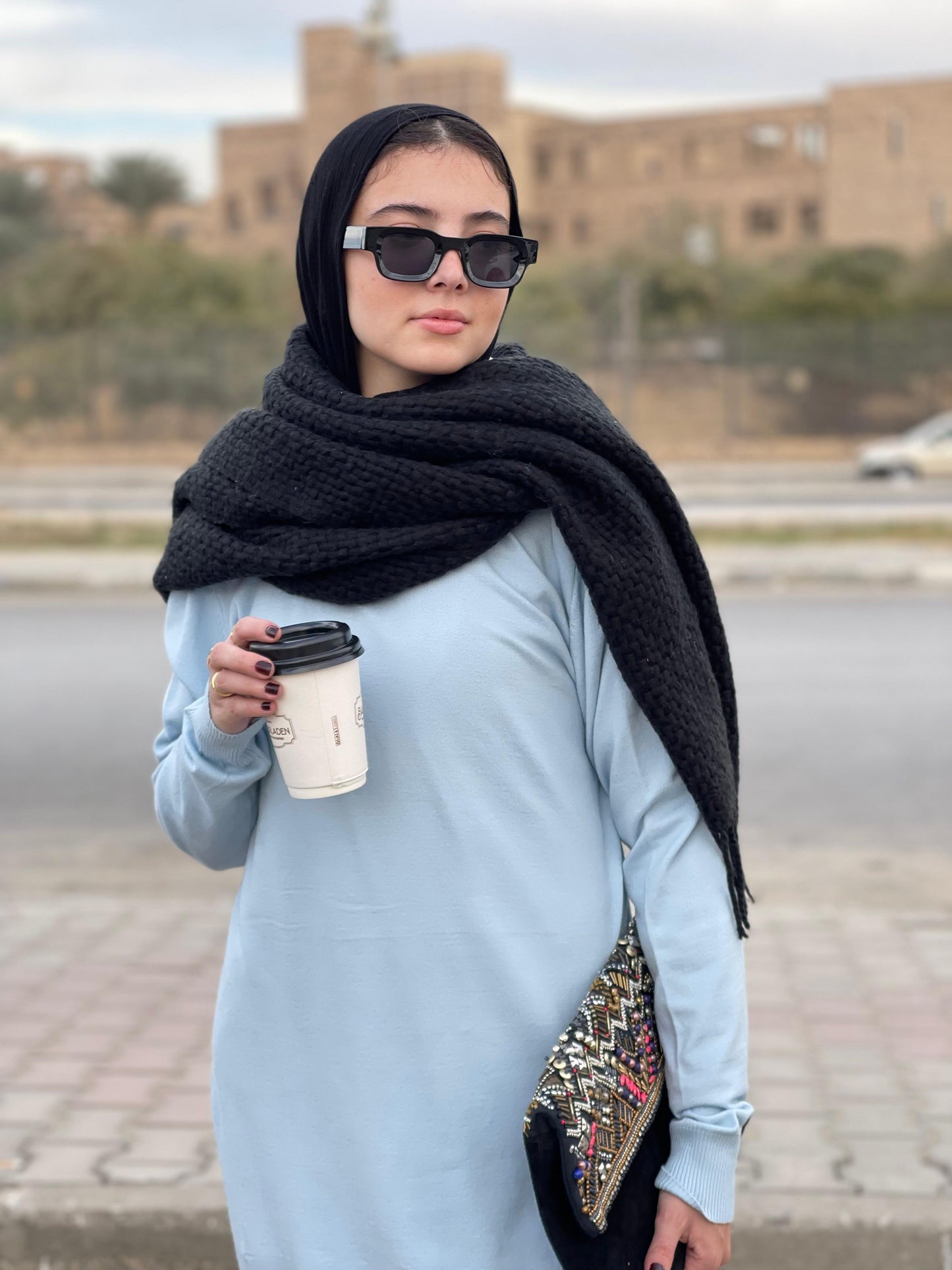 High-neck Longline Pullover in Baby Blue