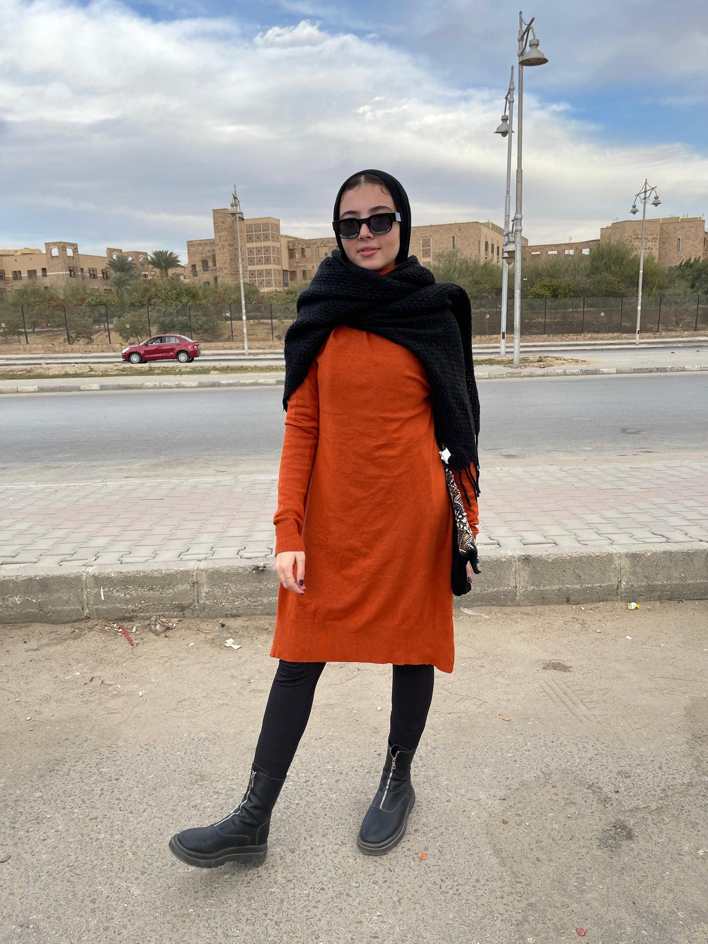 High-neck Longline Pullover in Orange