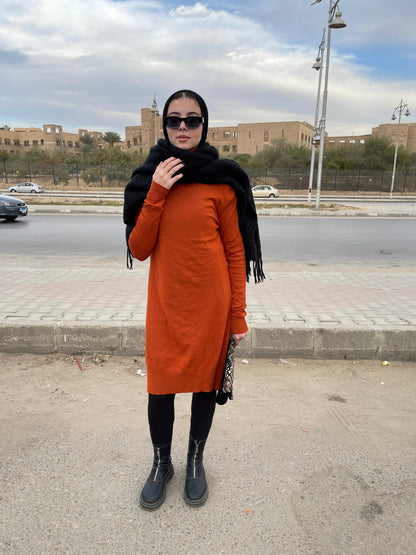 High-neck Longline Pullover in Orange