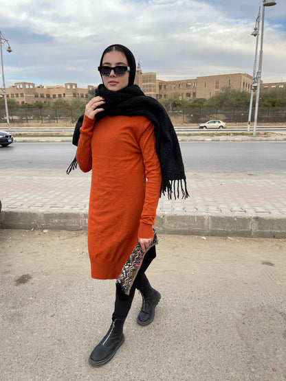 High-neck Longline Pullover in Orange