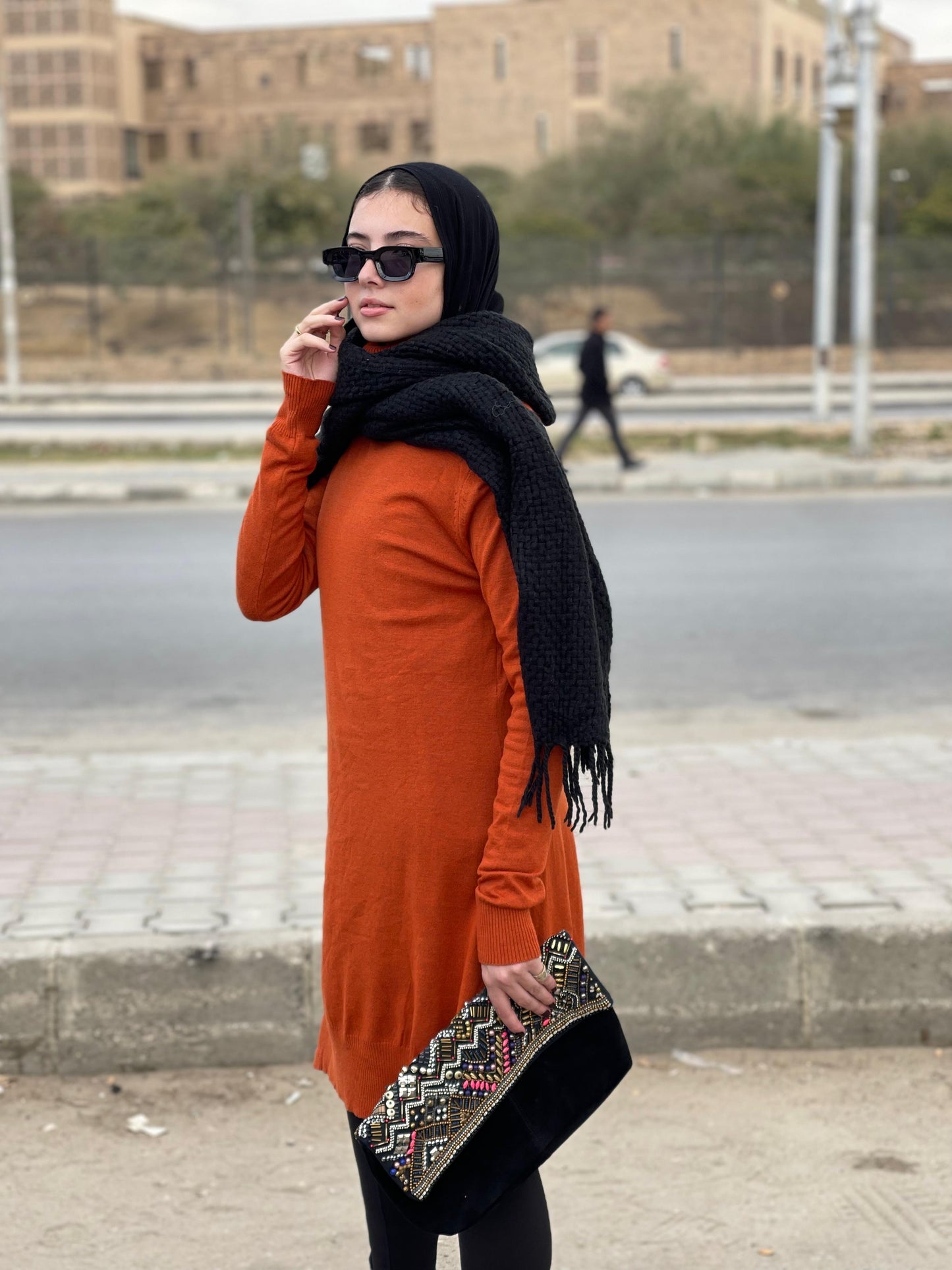 High-neck Longline Pullover in Orange