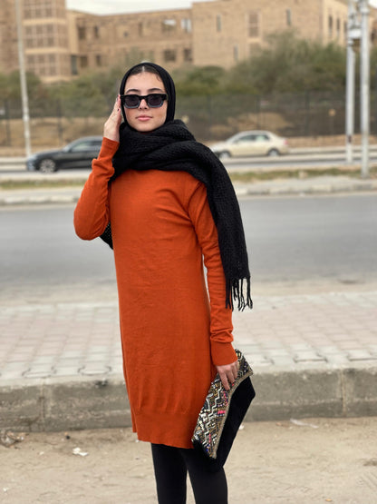 High-neck Longline Pullover in Orange