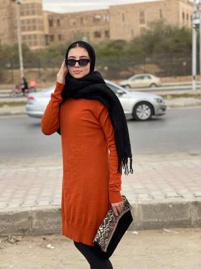 High-neck Longline Pullover in Orange