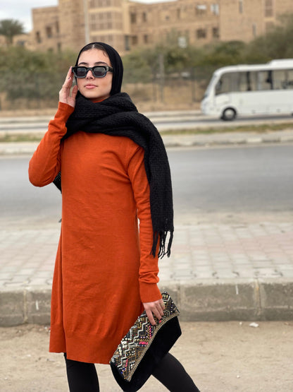 High-neck Longline Pullover in Orange