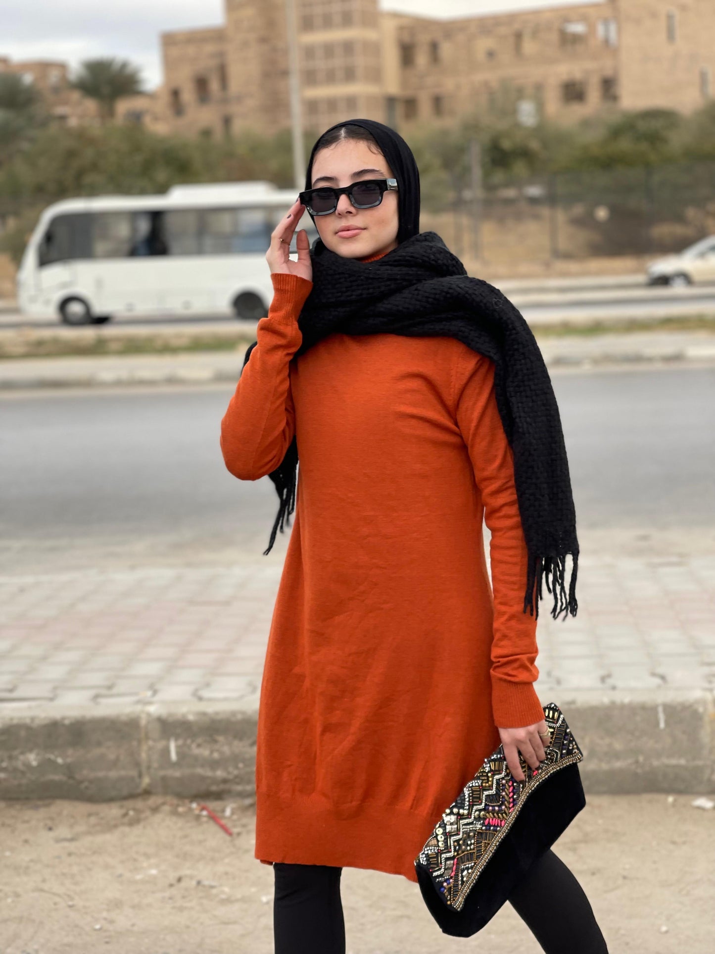 High-neck Longline Pullover in Orange