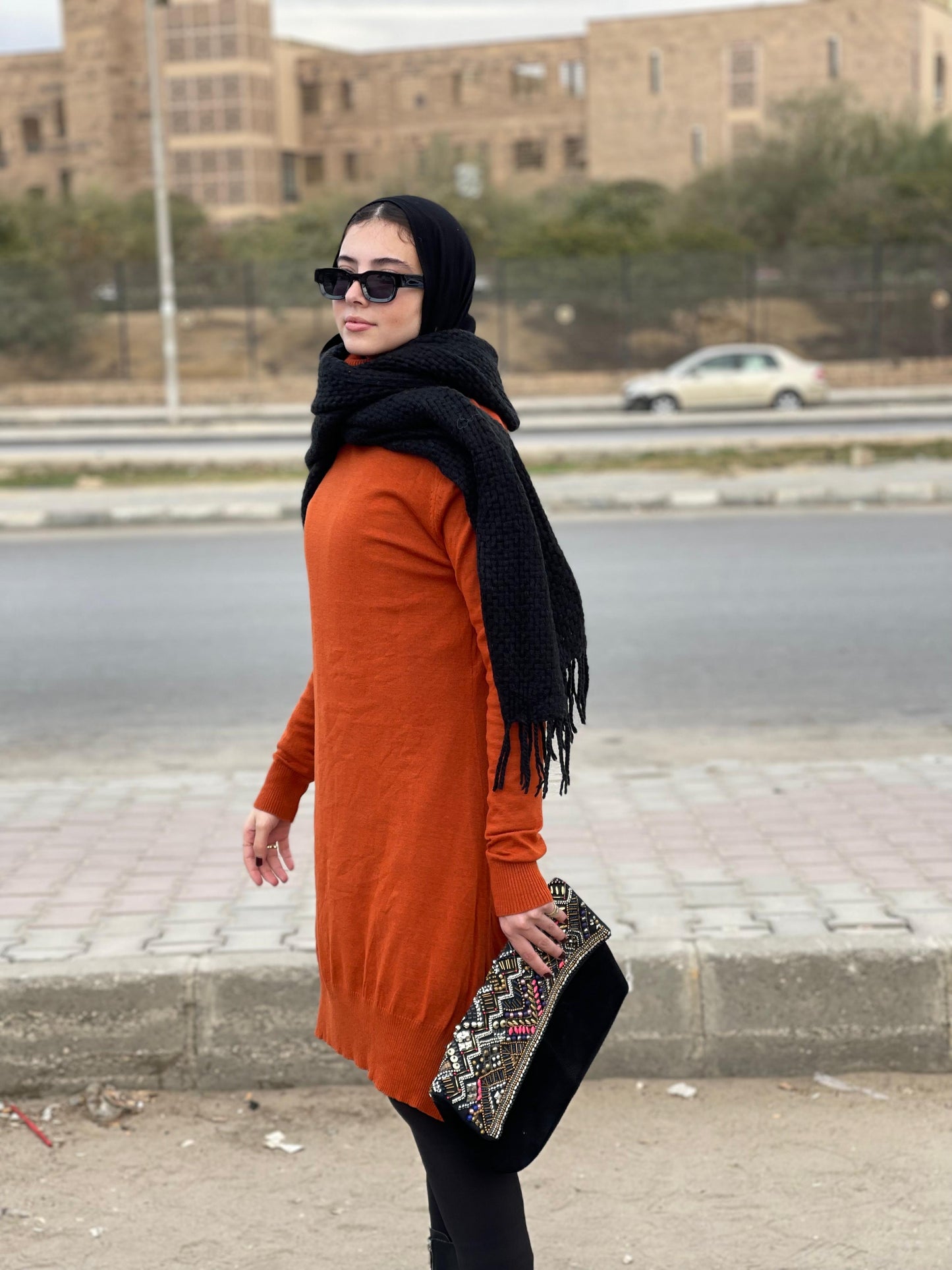 High-neck Longline Pullover in Orange