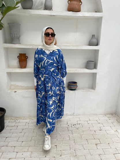 Leafy Linen Dress in Blue