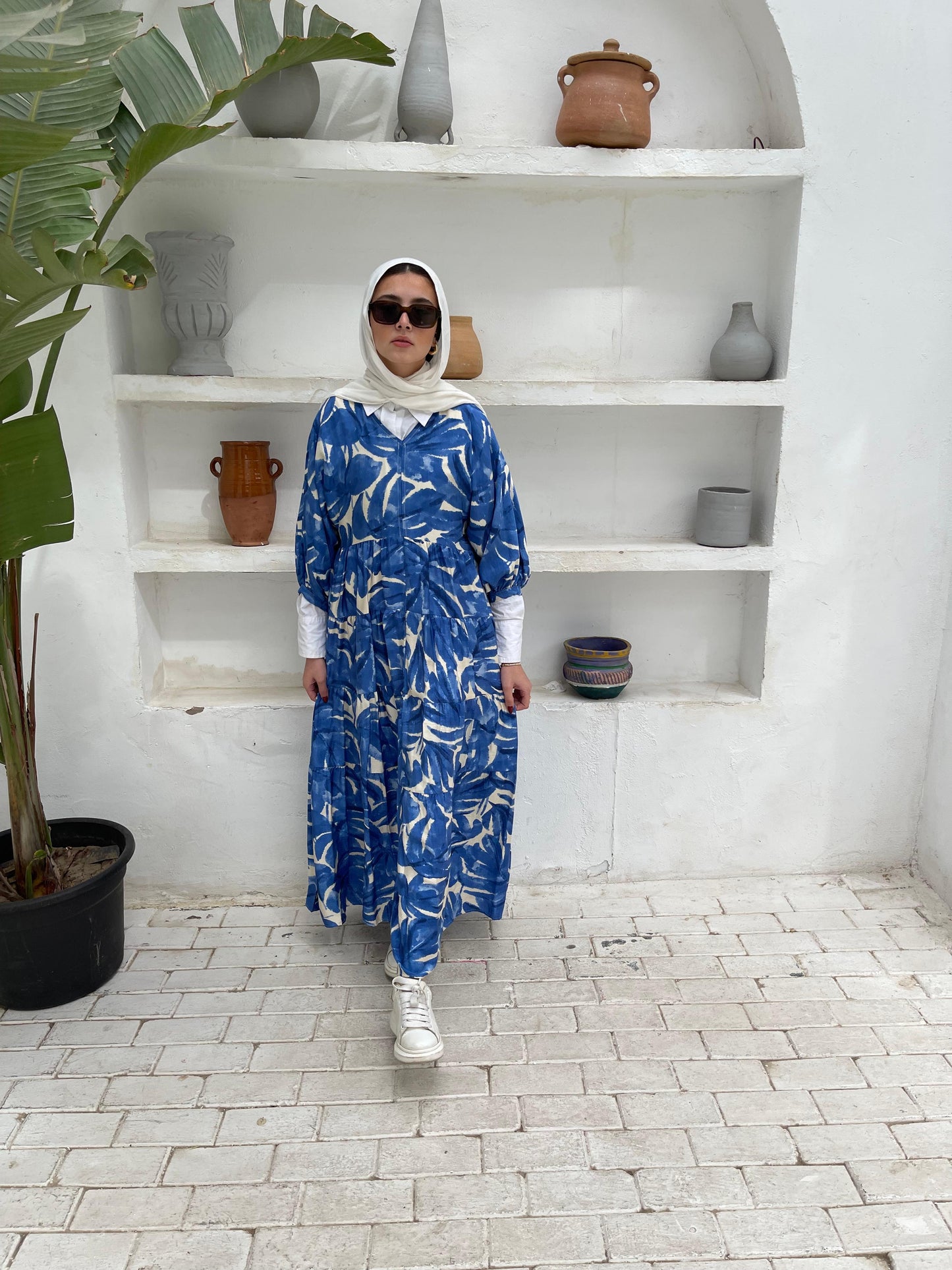 Leafy Linen Dress in Blue