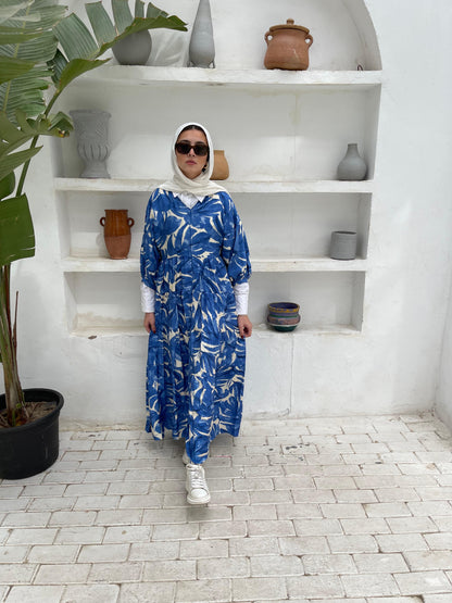 Leafy Linen Dress in Blue