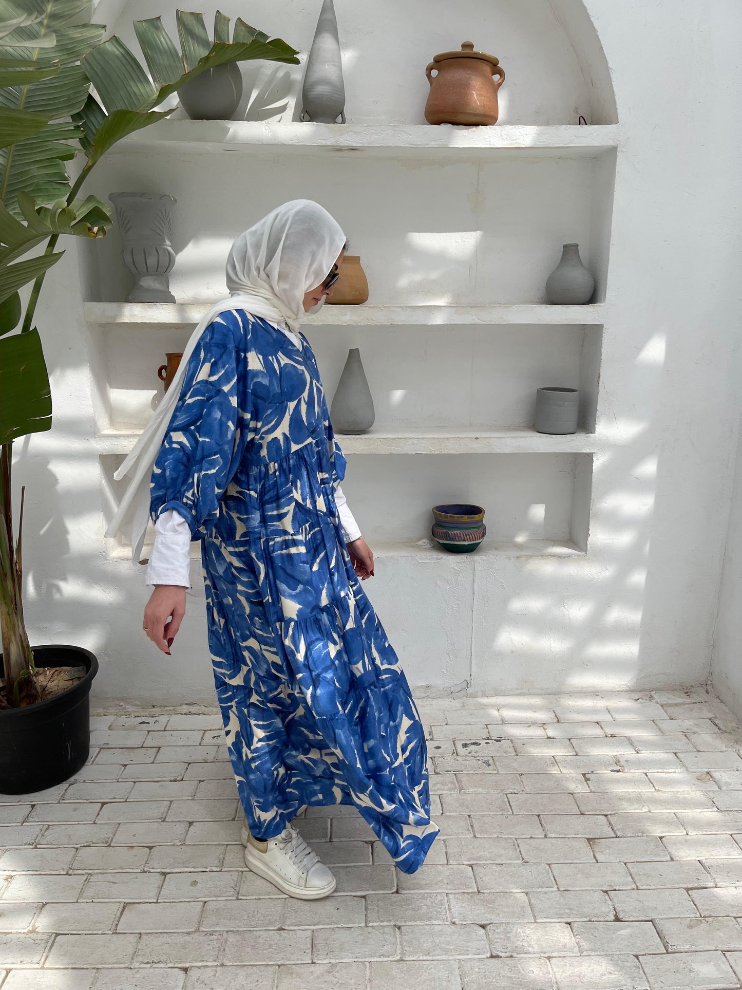 Leafy Linen Dress in Blue