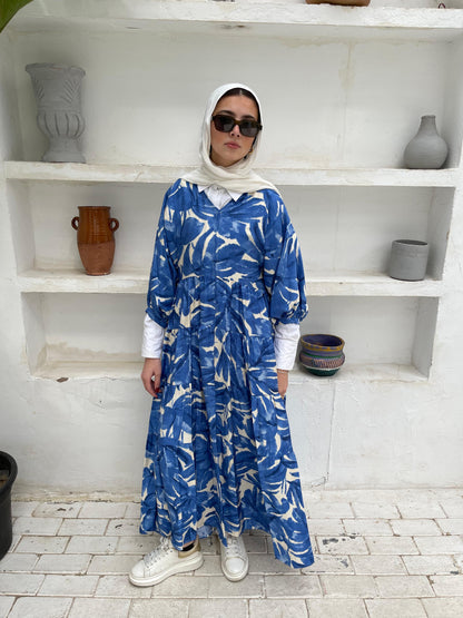Leafy Linen Dress in Blue