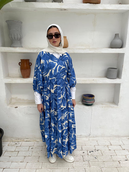 Leafy Linen Dress in Blue