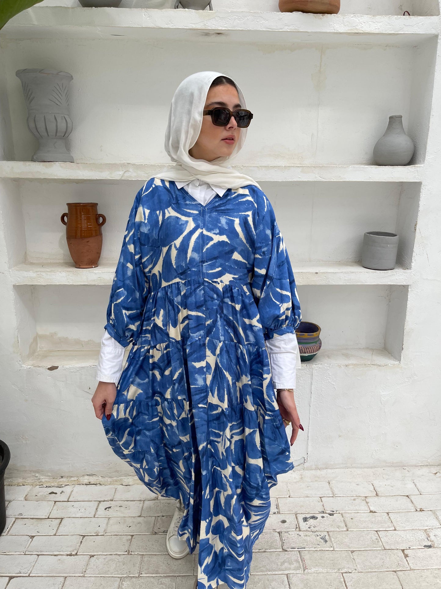 Leafy Linen Dress in Blue