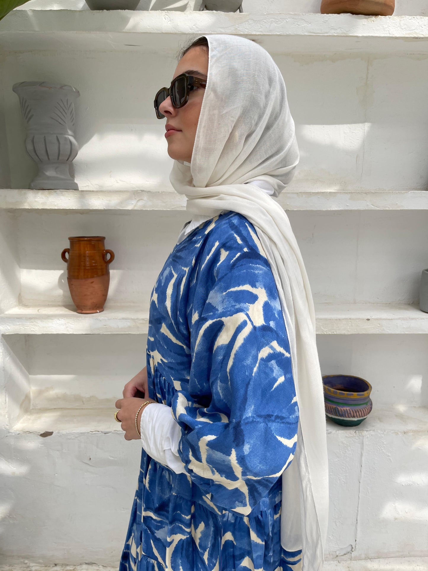 Leafy Linen Dress in Blue