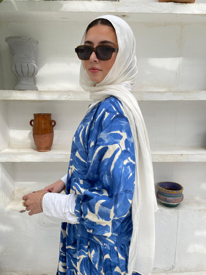 Leafy Linen Dress in Blue