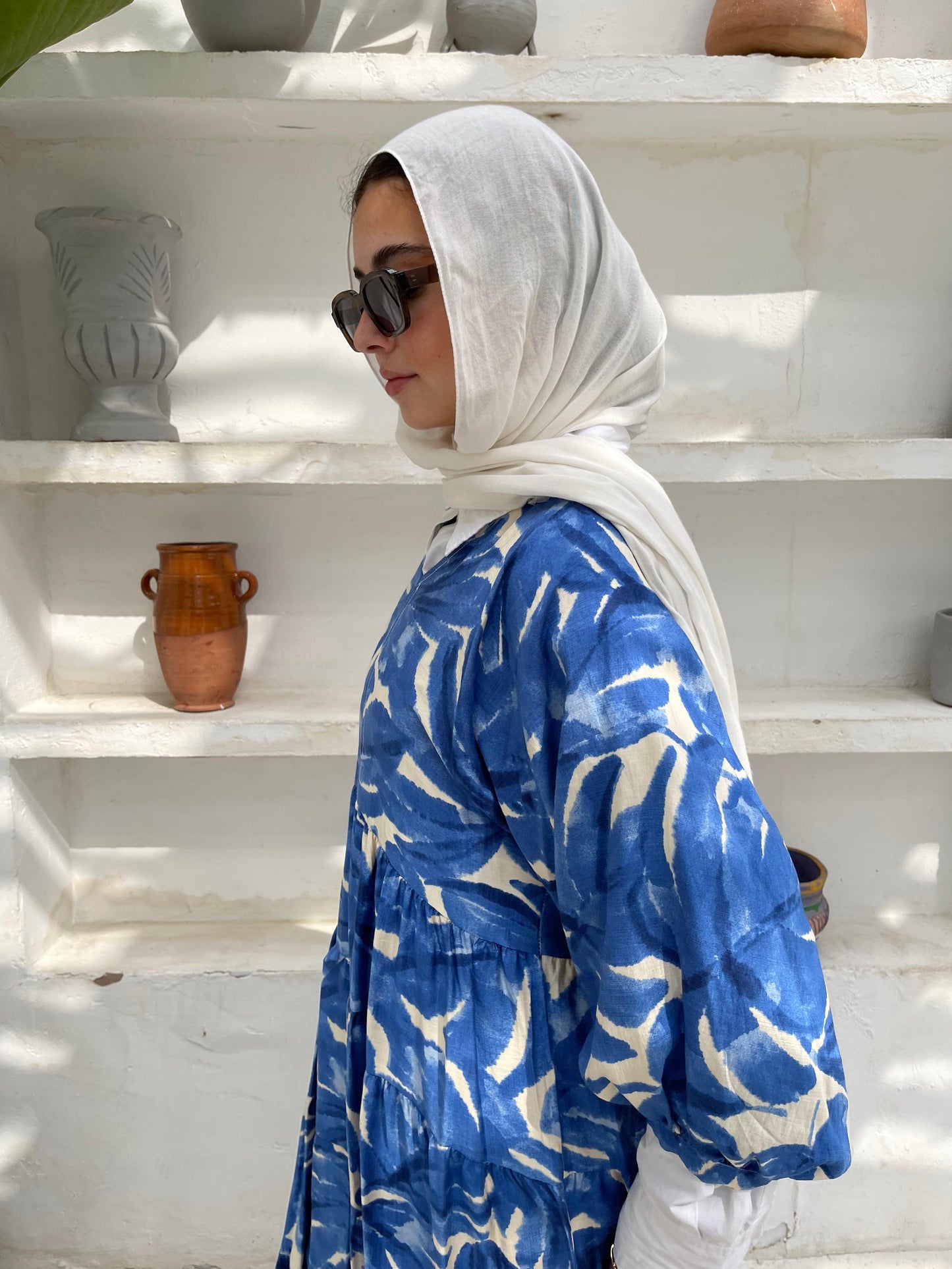 Leafy Linen Dress in Blue