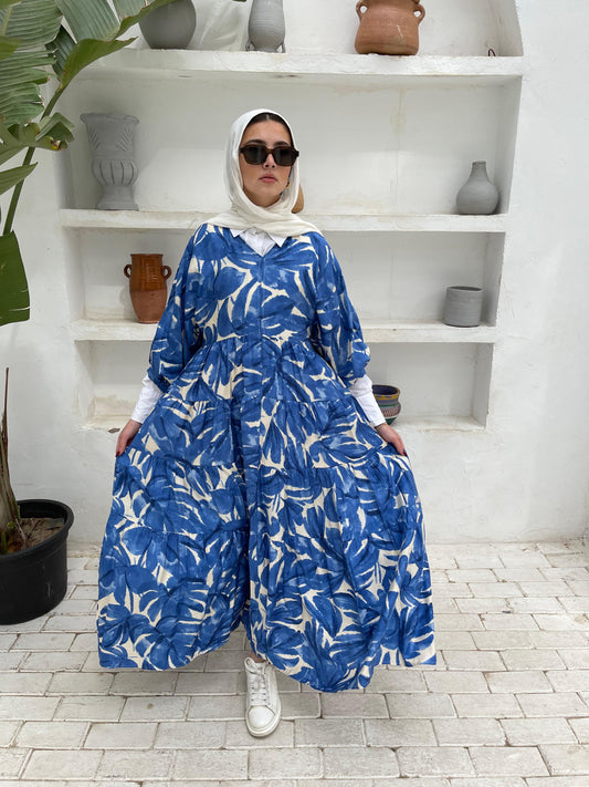 Leafy Linen Dress in Blue