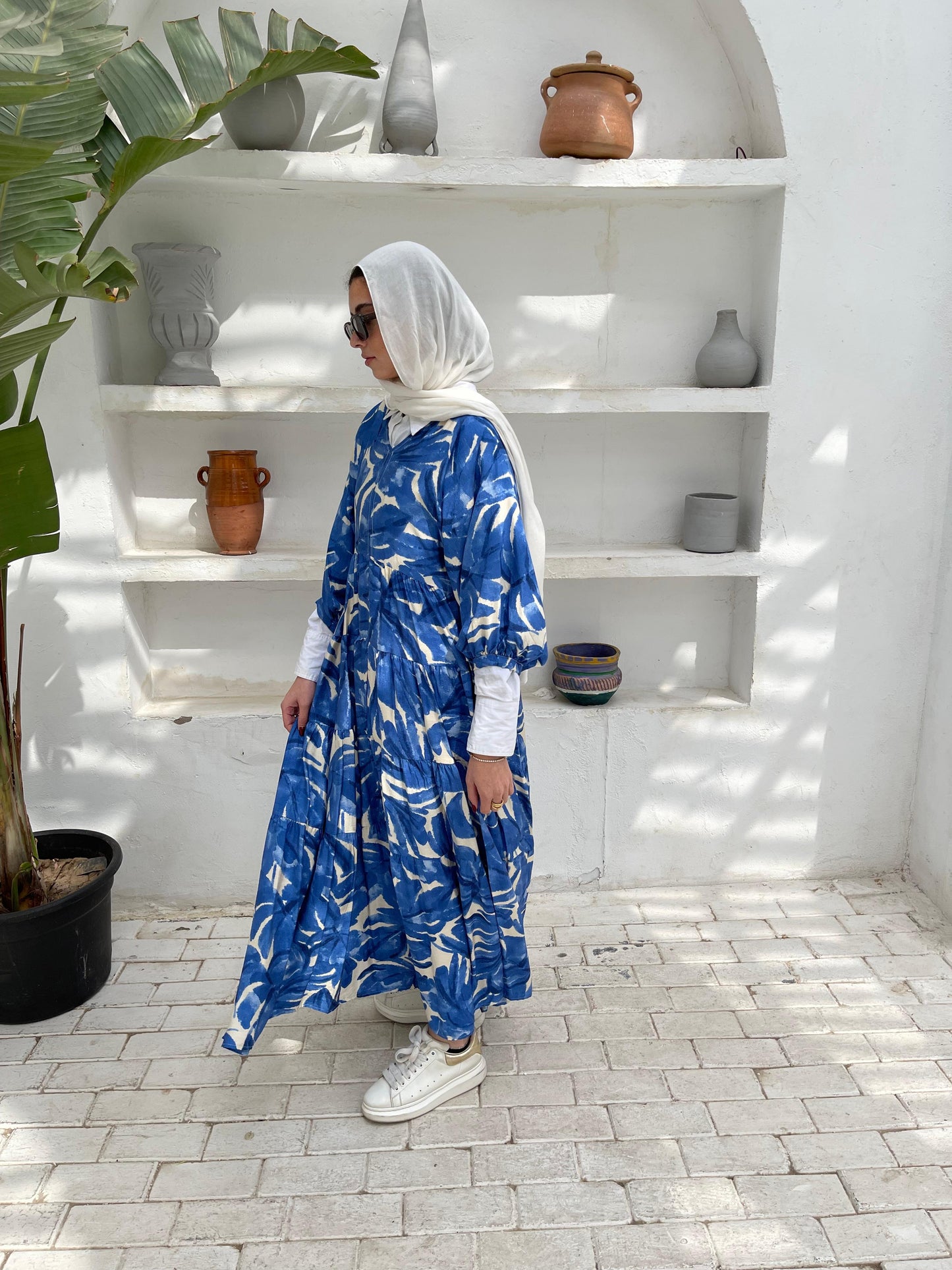Leafy Linen Dress in Blue