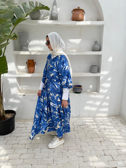 Leafy Linen Dress in Blue