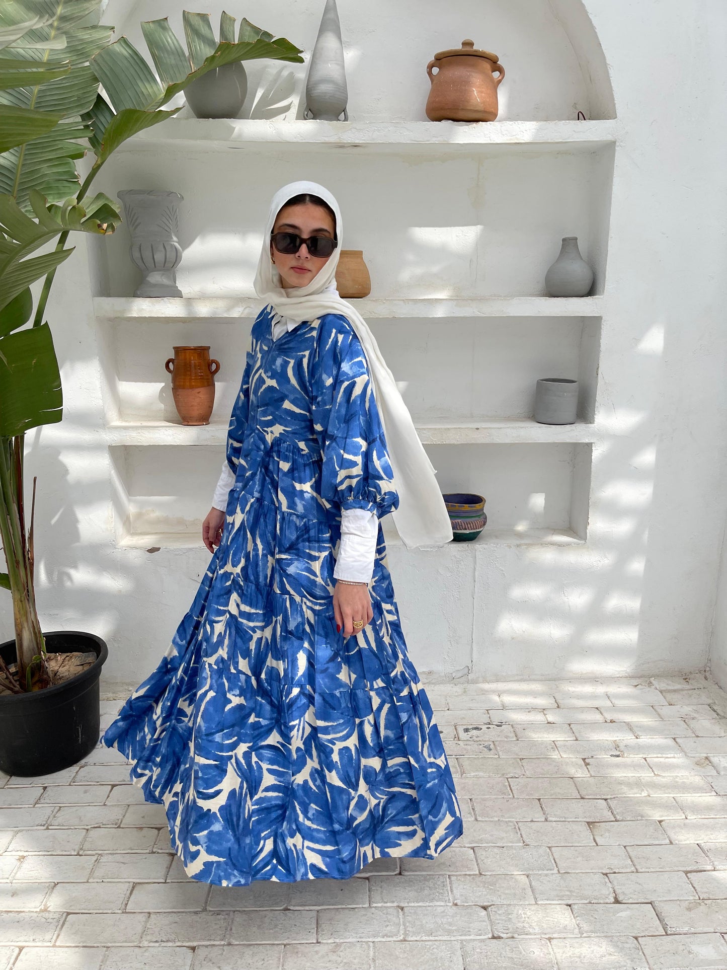 Leafy Linen Dress in Blue