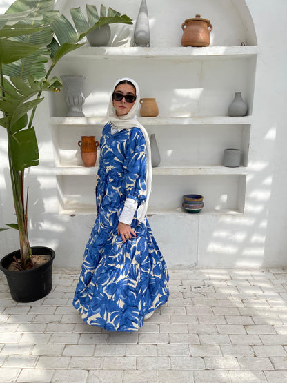 Leafy Linen Dress in Blue