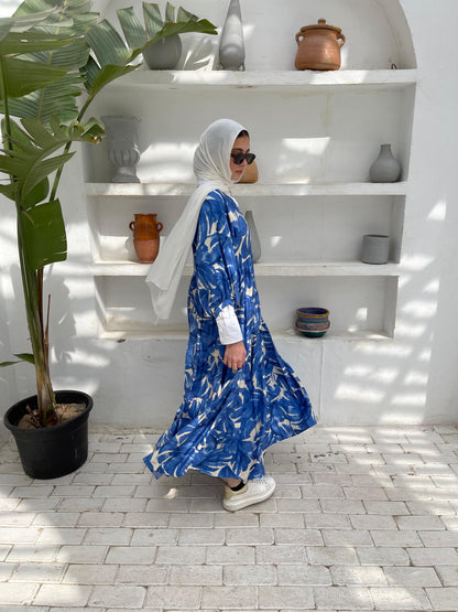 Leafy Linen Dress in Blue