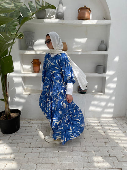 Leafy Linen Dress in Blue