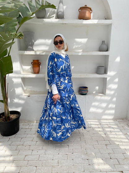 Leafy Linen Dress in Blue