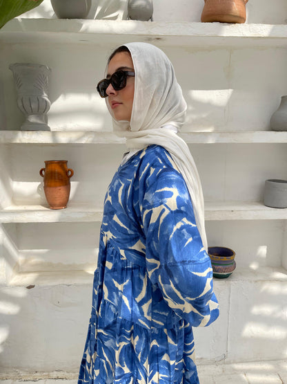 Leafy Linen Dress in Blue
