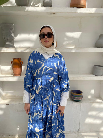 Leafy Linen Dress in Blue