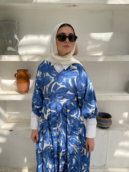 Leafy Linen Dress in Blue