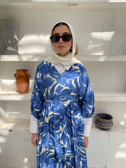 Leafy Linen Dress in Blue