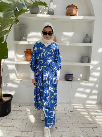 Leafy Linen Dress in Blue