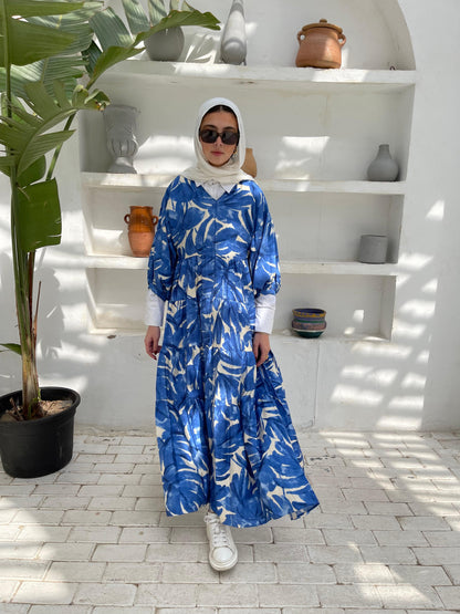 Leafy Linen Dress in Blue