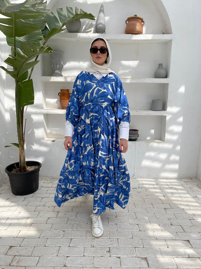 Leafy Linen Dress in Blue